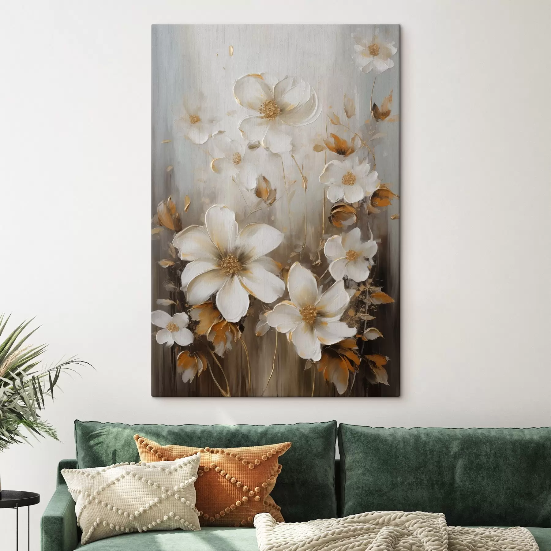  Schilderijen Witte bloemen met gestructureerde bloemblaadjes en gele accenten, abstracte achtergrond s49781