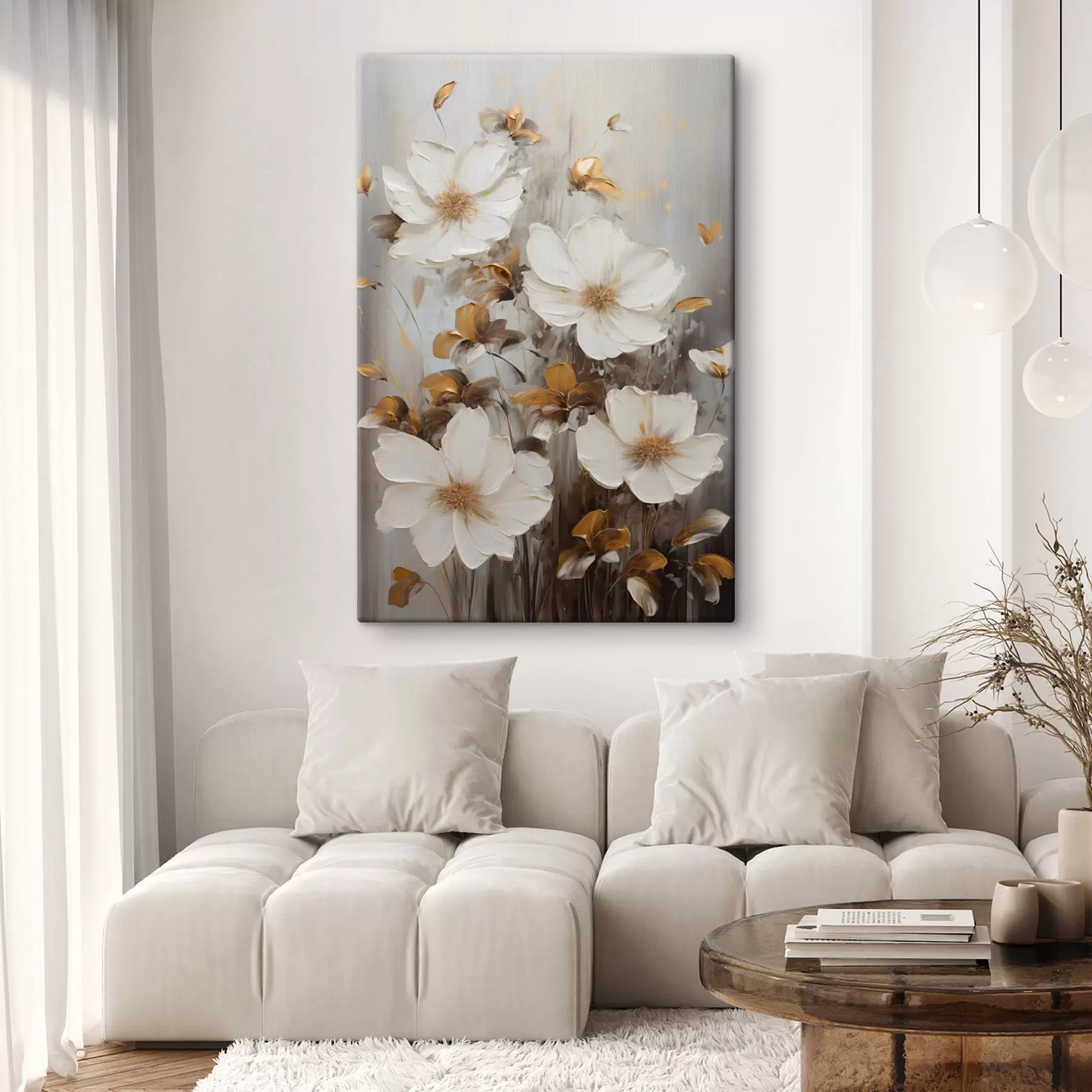  Schilderijen Witte bloemen met gestructureerde bloemblaadjes en gele accenten, abstracte achtergrond s49782