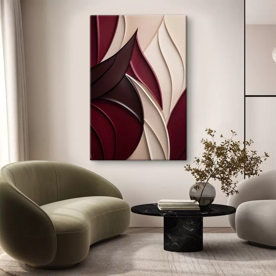  Schilderijen Abstracte golvende vormen in bordeaux- en crèmekleurige tinten, gelaagde texturen s49787