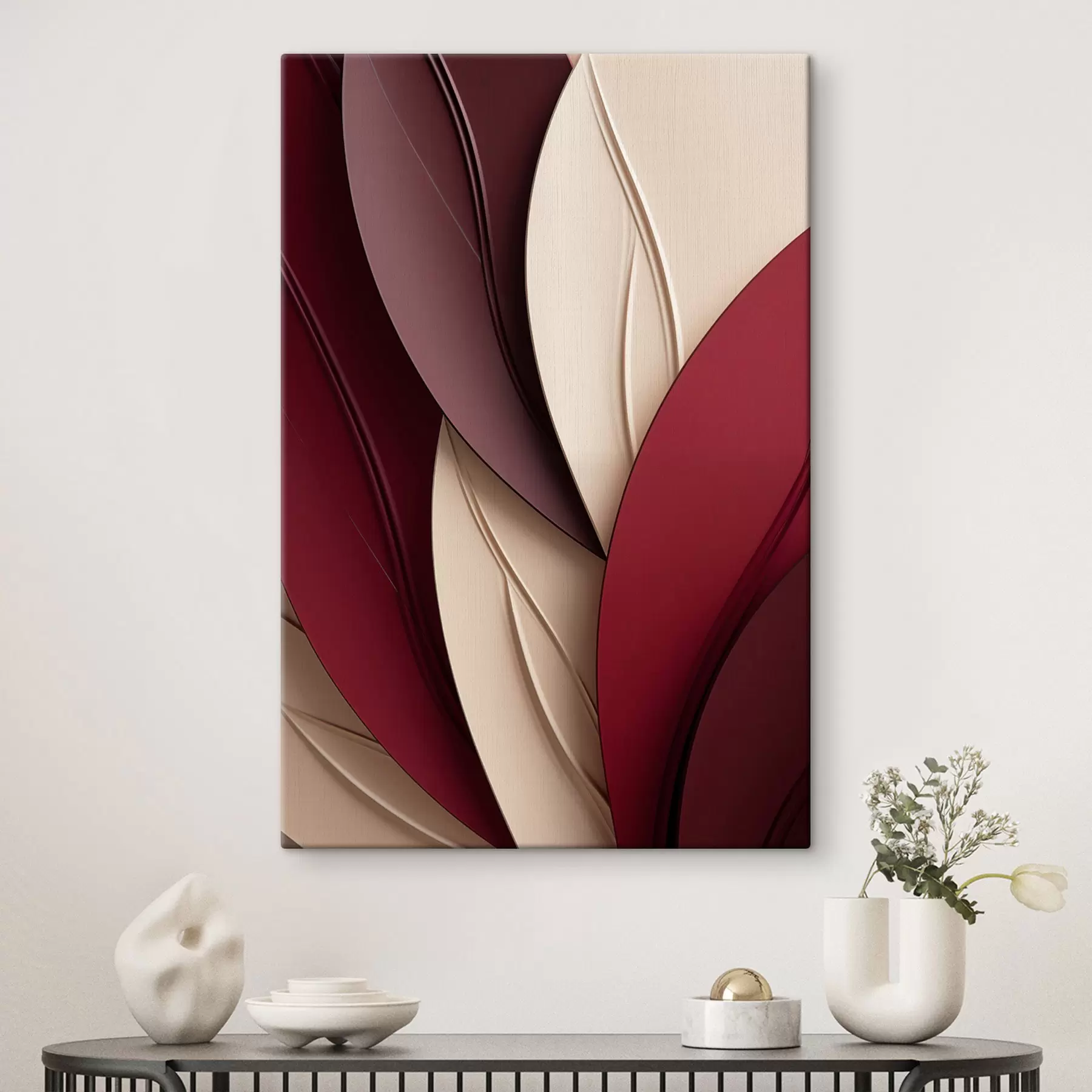  Schilderijen Abstracte golvende vormen in bordeaux- en crèmekleurige tinten, gelaagde texturen s49788