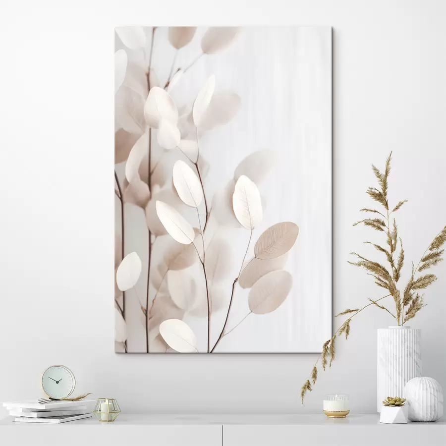  Schilderijen Lichtbeige eucalyptusbladeren tegen een lichte, gestructureerde achtergrond s49793