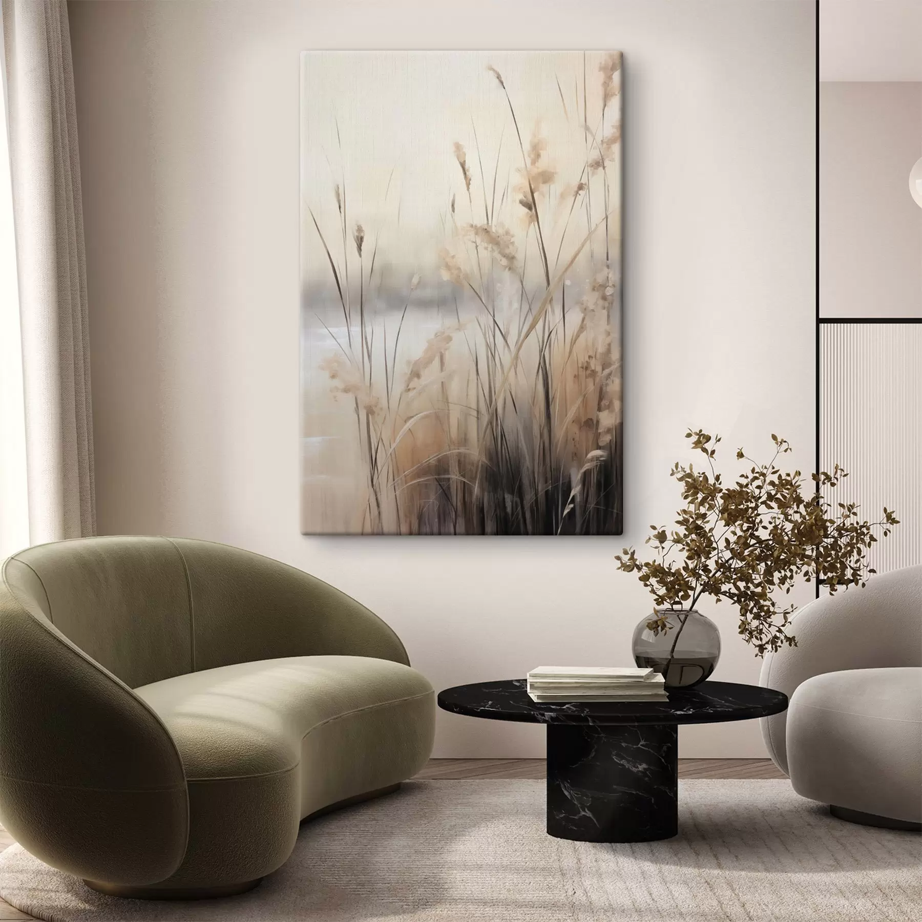  Schilderijen Hoge, droge rietstengels en grassen in ingetogen beige- en bruintinten s49795