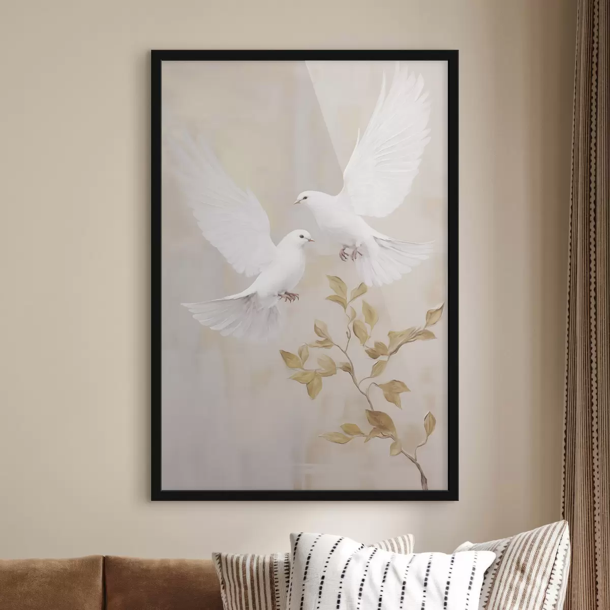 Poster Een witte vogel bij een tak met lichtbruine bladeren, tegen een rustige achtergrond f49764