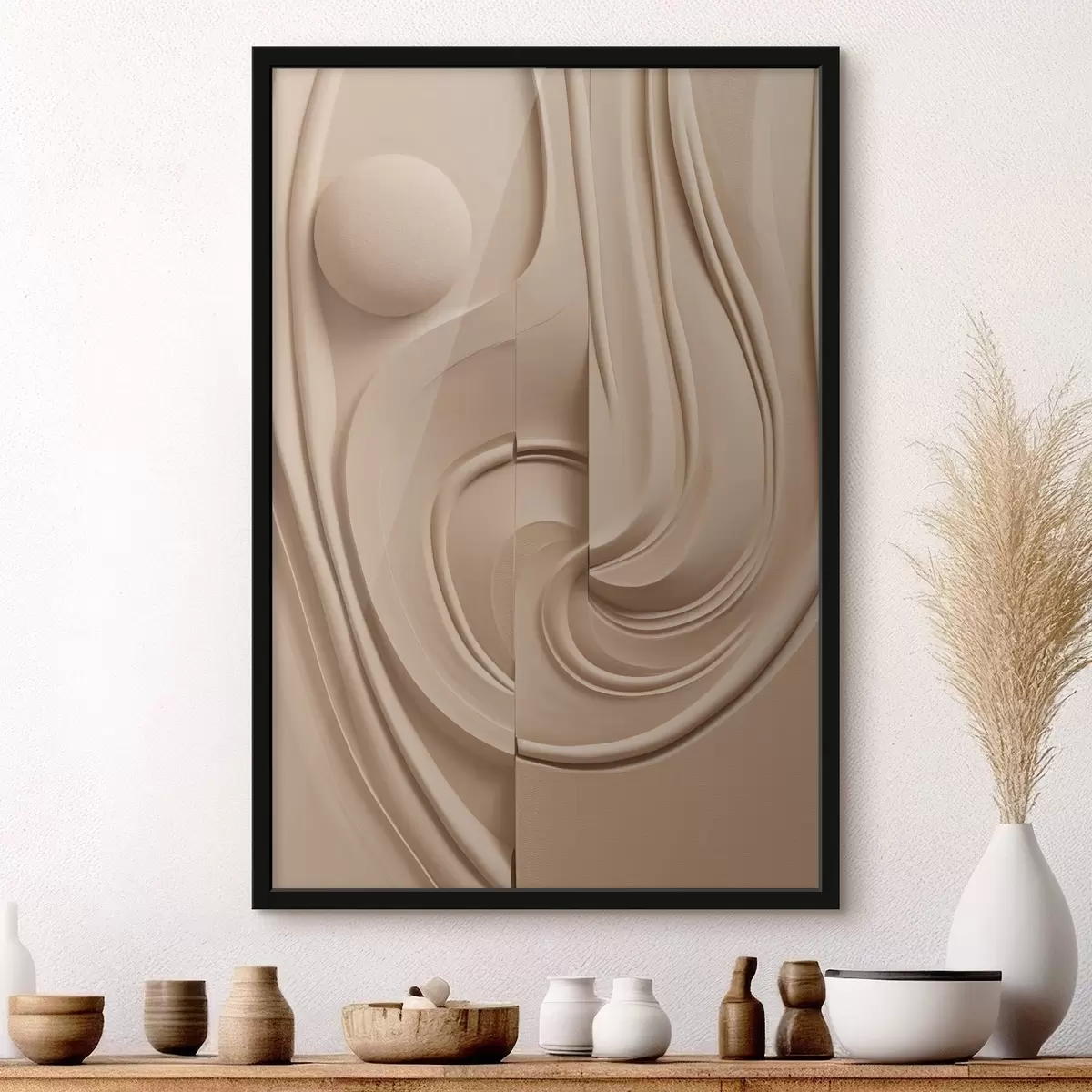 Poster Een beige, abstract kunstwerk met textuur, vloeiende lijnen en een bol f49775