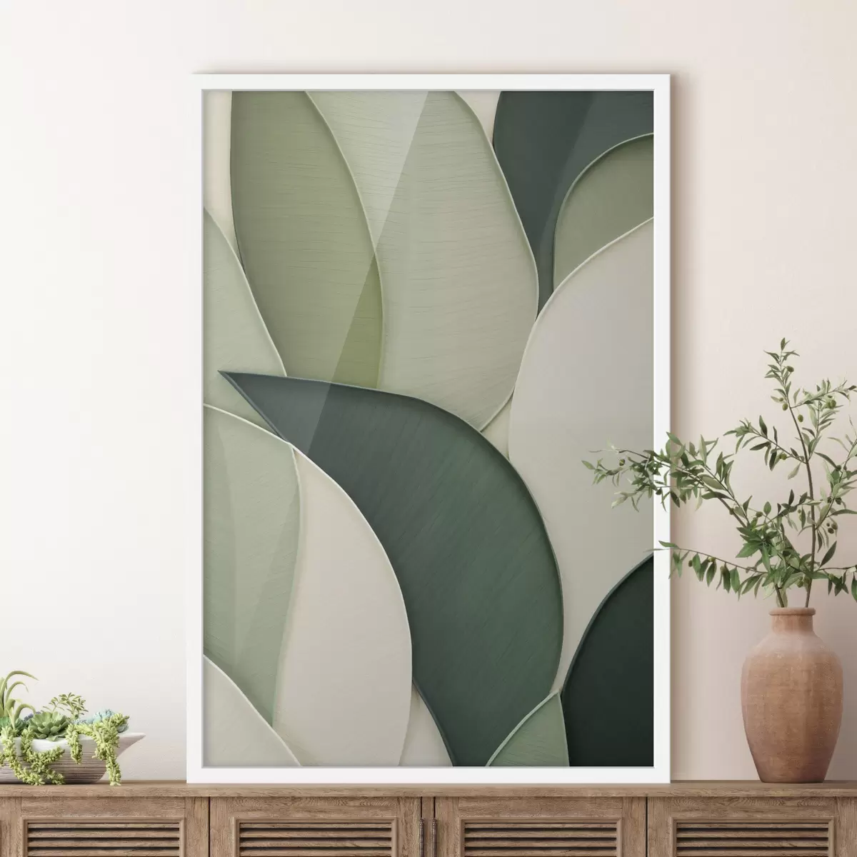 Poster Abstracte kunst met overlappende groene en crèmekleurige organische vormen f49777