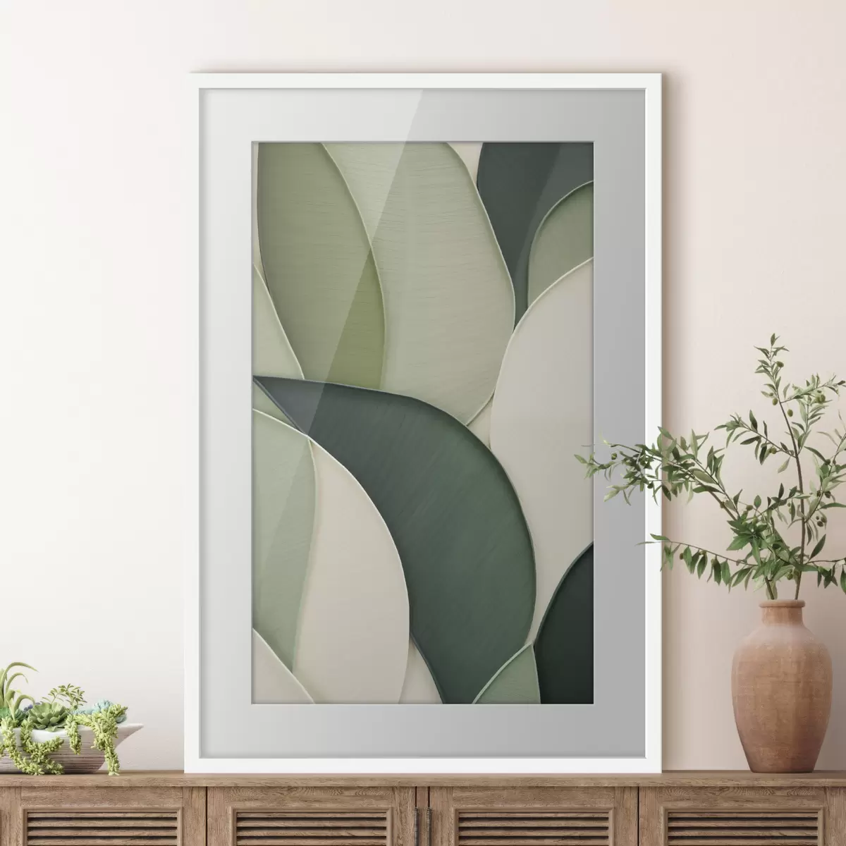 Poster Abstracte kunst met overlappende groene en crèmekleurige organische vormen f49777