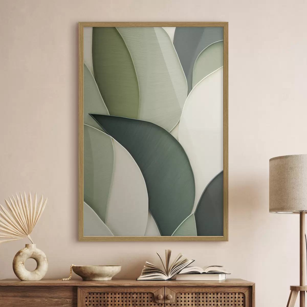Poster Abstracte kunst met overlappende groene en crèmekleurige organische vormen f49777