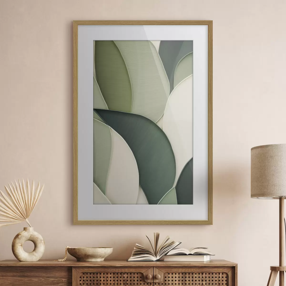 Poster Abstracte kunst met overlappende groene en crèmekleurige organische vormen f49777