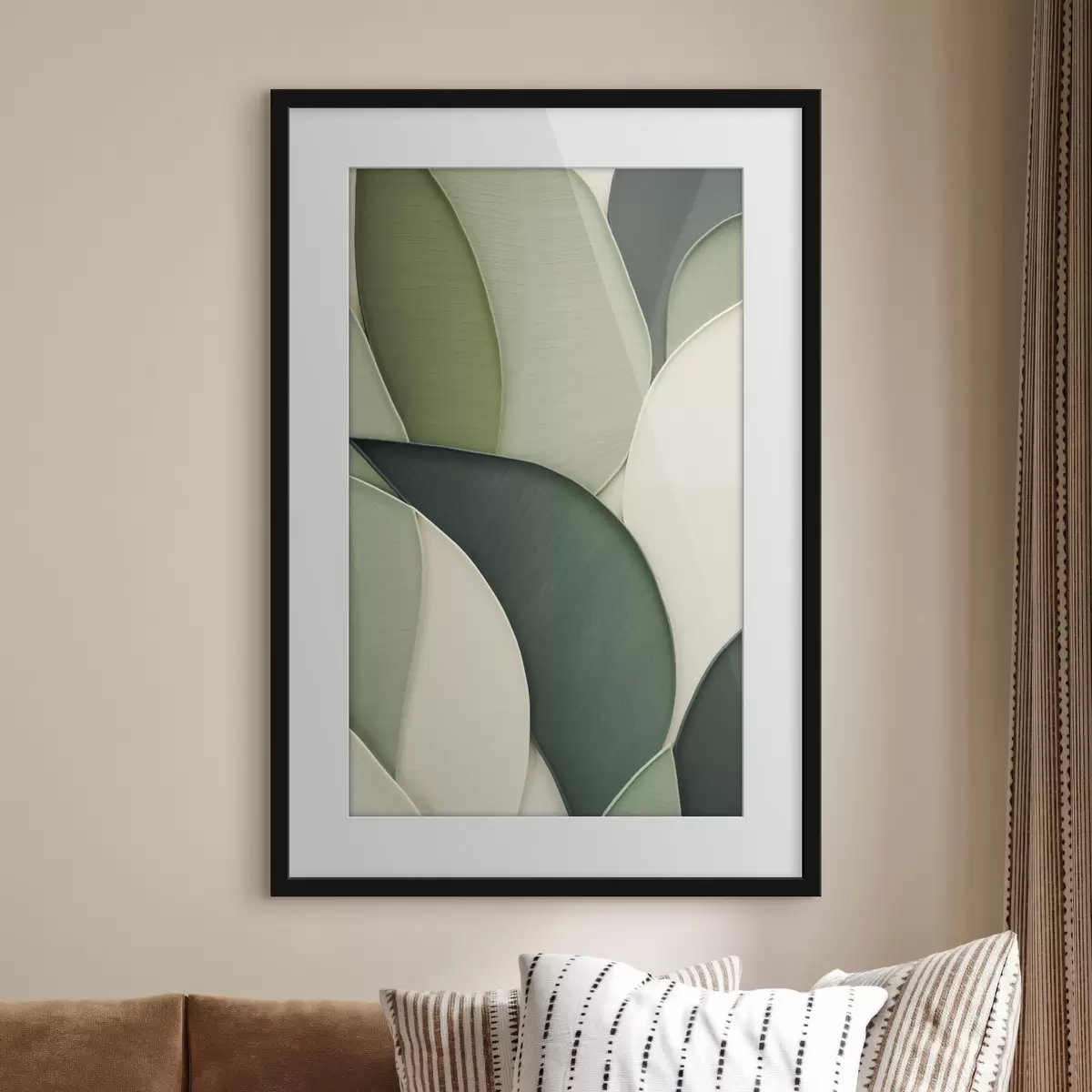 Poster Abstracte kunst met overlappende groene en crèmekleurige organische vormen f49777