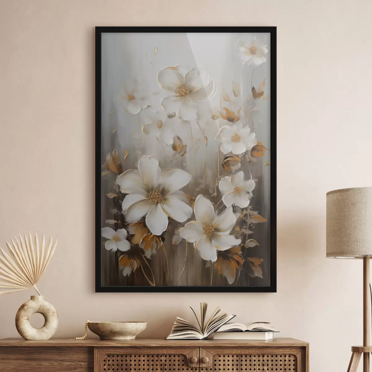 Poster Witte bloemen met gestructureerde bloemblaadjes en gele accenten, abstracte achtergrond f49781
