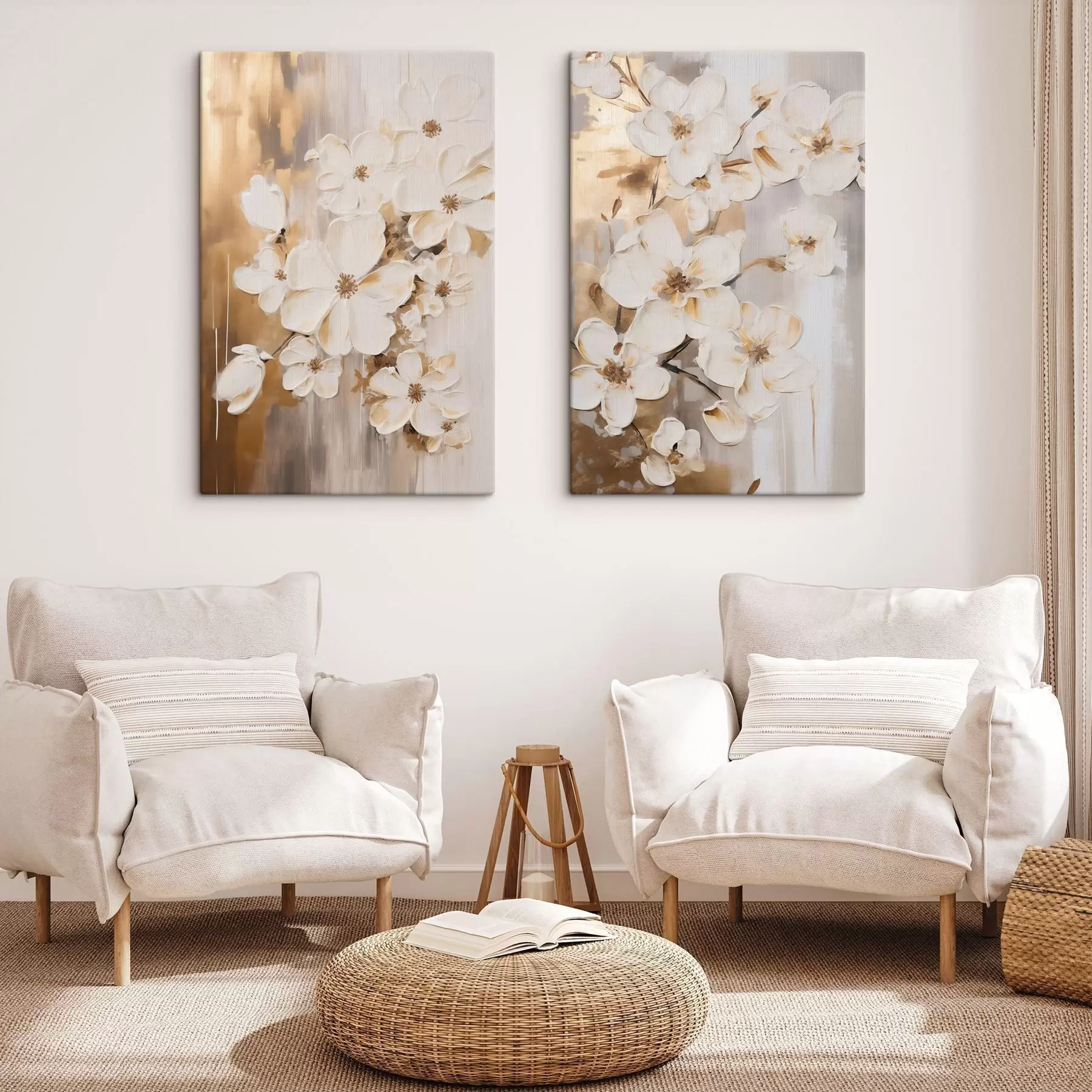 Schilderijen Witte bloemen tegen een structuurrijke achtergrond, in schilderachtige stijl m30679