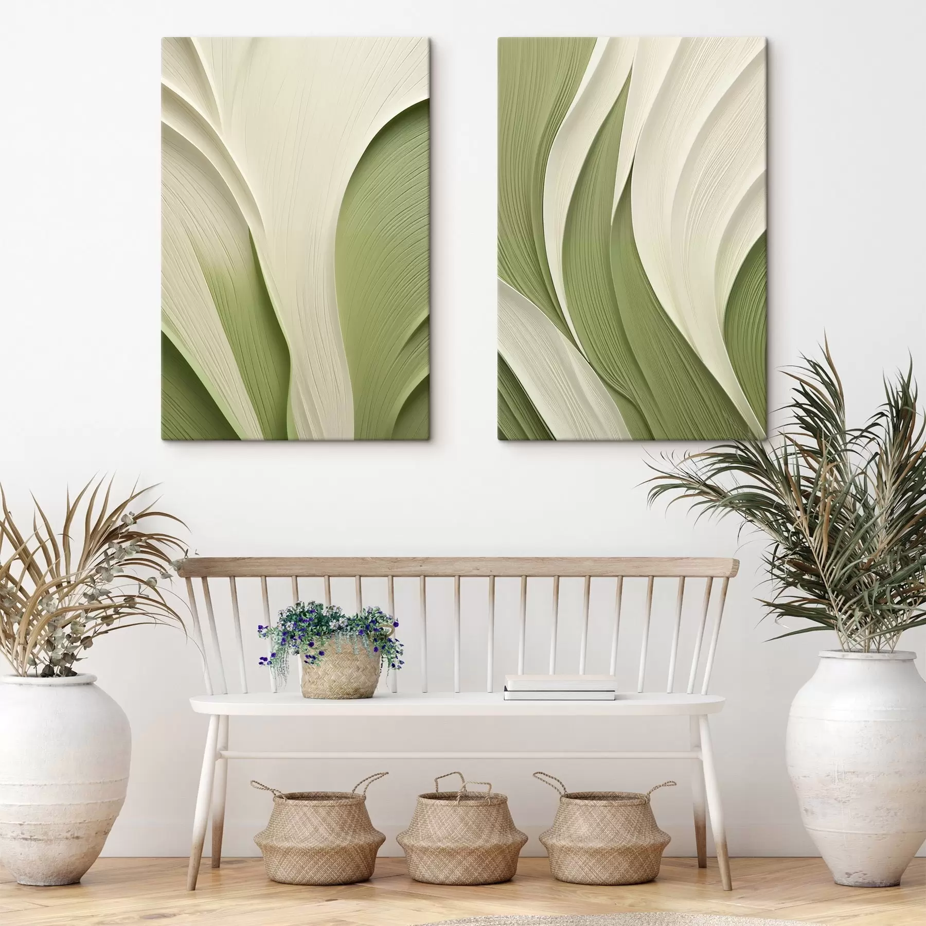  Schilderijen Abstracte, vloeiende textuur in groene en crèmekleurige tinten m30681