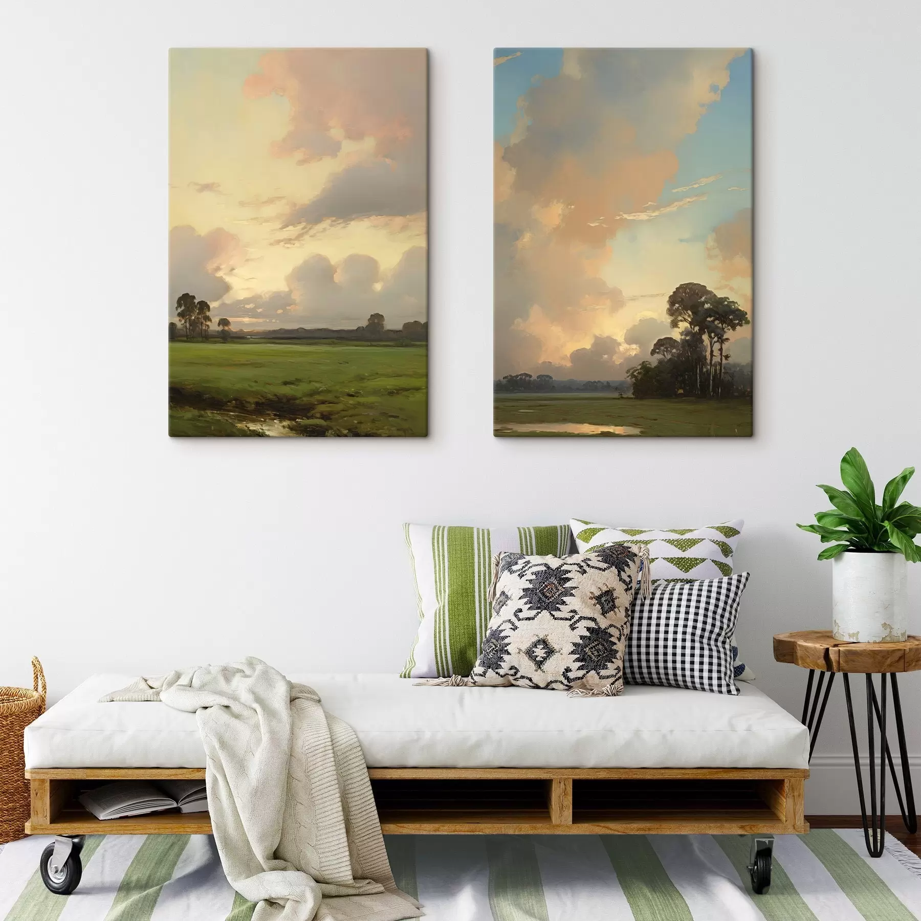  Schilderijen Een landschap met een grasveld en bomen in de verte, een bewolkte hemel m30682