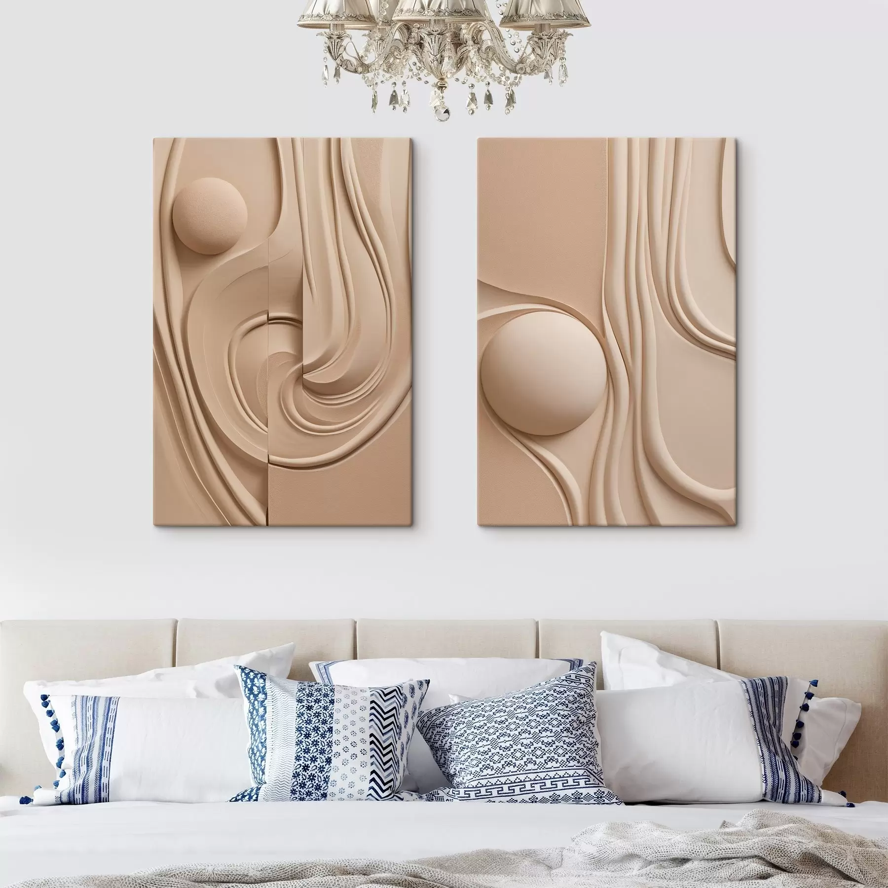 Schilderijen Een beige, abstract kunstwerk met textuur, vloeiende lijnen en een bol m30683