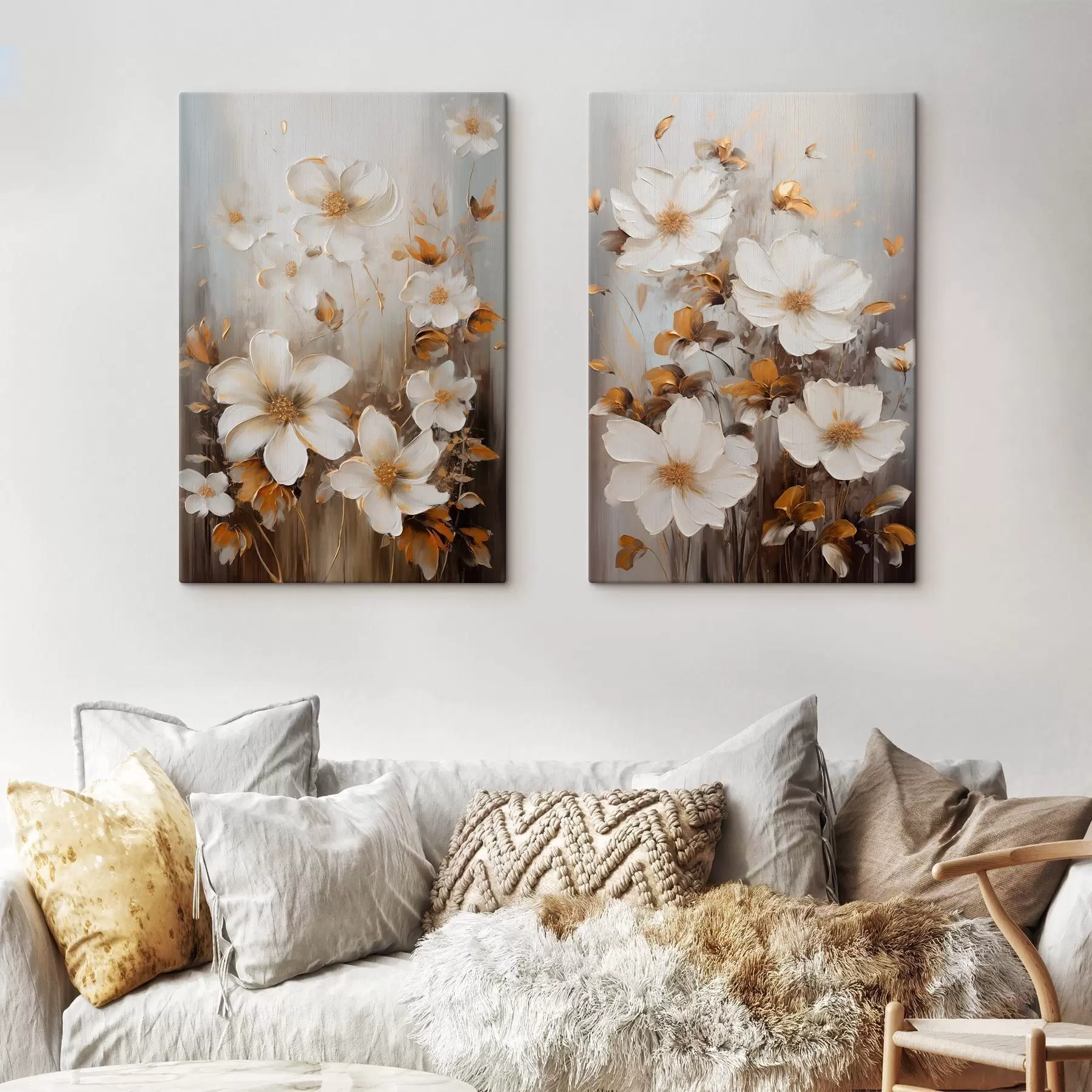  Schilderijen Witte bloemen met gestructureerde bloemblaadjes en gele accenten, abstracte achtergrond m30686