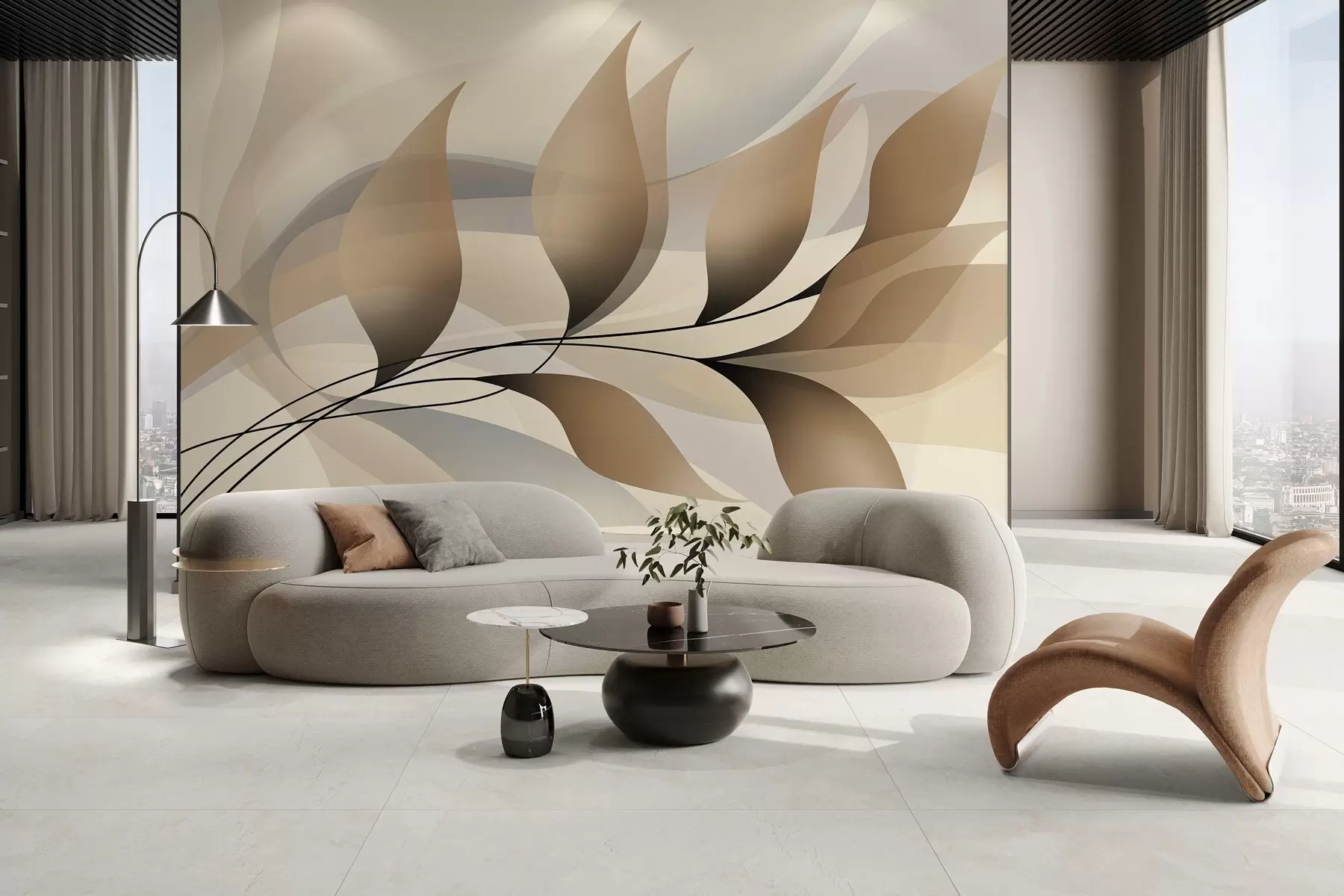 Fotobehang een elegante tak met beige bladeren  w05660
