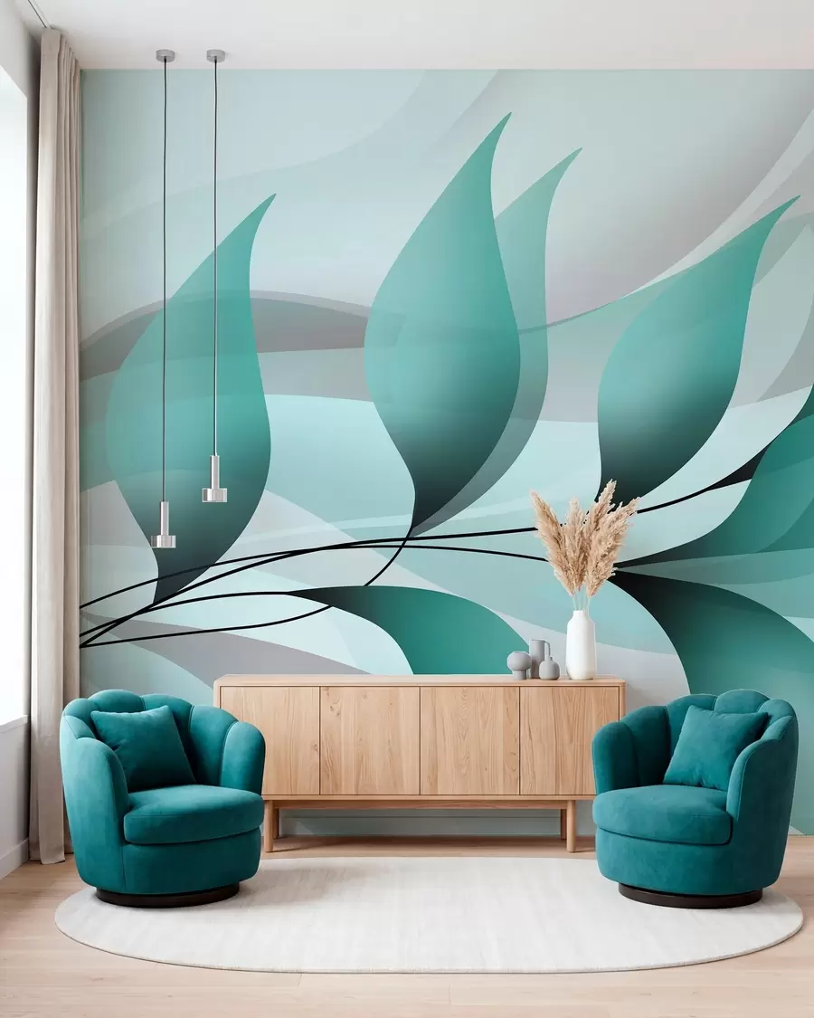 Fotobehang een elegante tak met turquoise bladeren  w05660v1