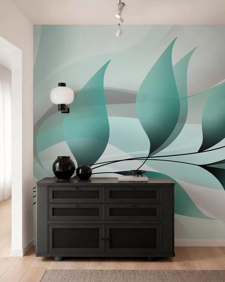 Fotobehang een elegante tak met turquoise bladeren  w05660v1
