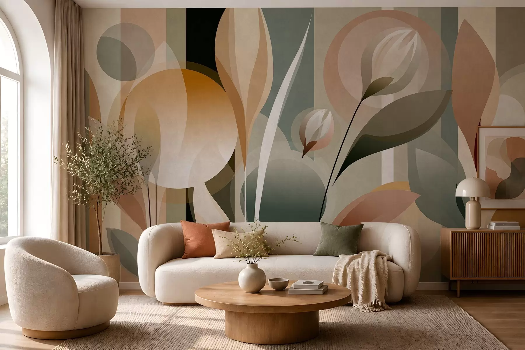 Fotobehang een gestileerde abstractie met planten in natuurlijke kleuren w05750