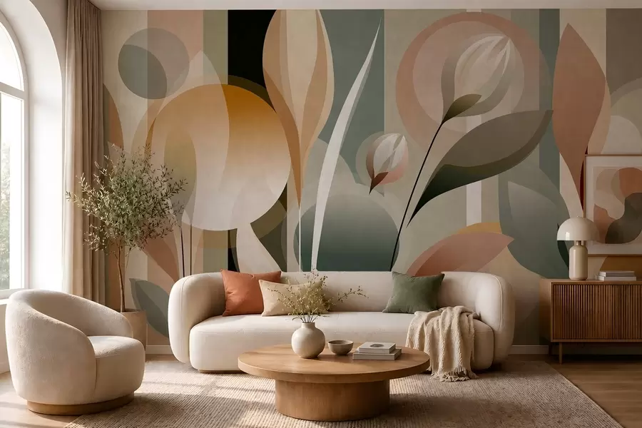 Fotobehang een gestileerde abstractie met planten in natuurlijke kleuren w05750