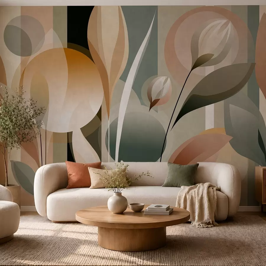 Fotobehang een gestileerde abstractie met planten in natuurlijke kleuren w05750