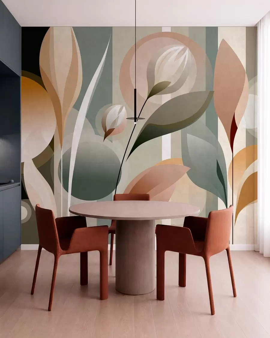 Fotobehang een gestileerde abstractie met planten in natuurlijke kleuren w05750