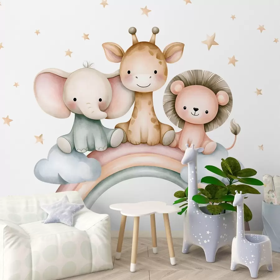 Fotobehang een regenboog met dieren tussen de sterren, in aquarelstijl w05752