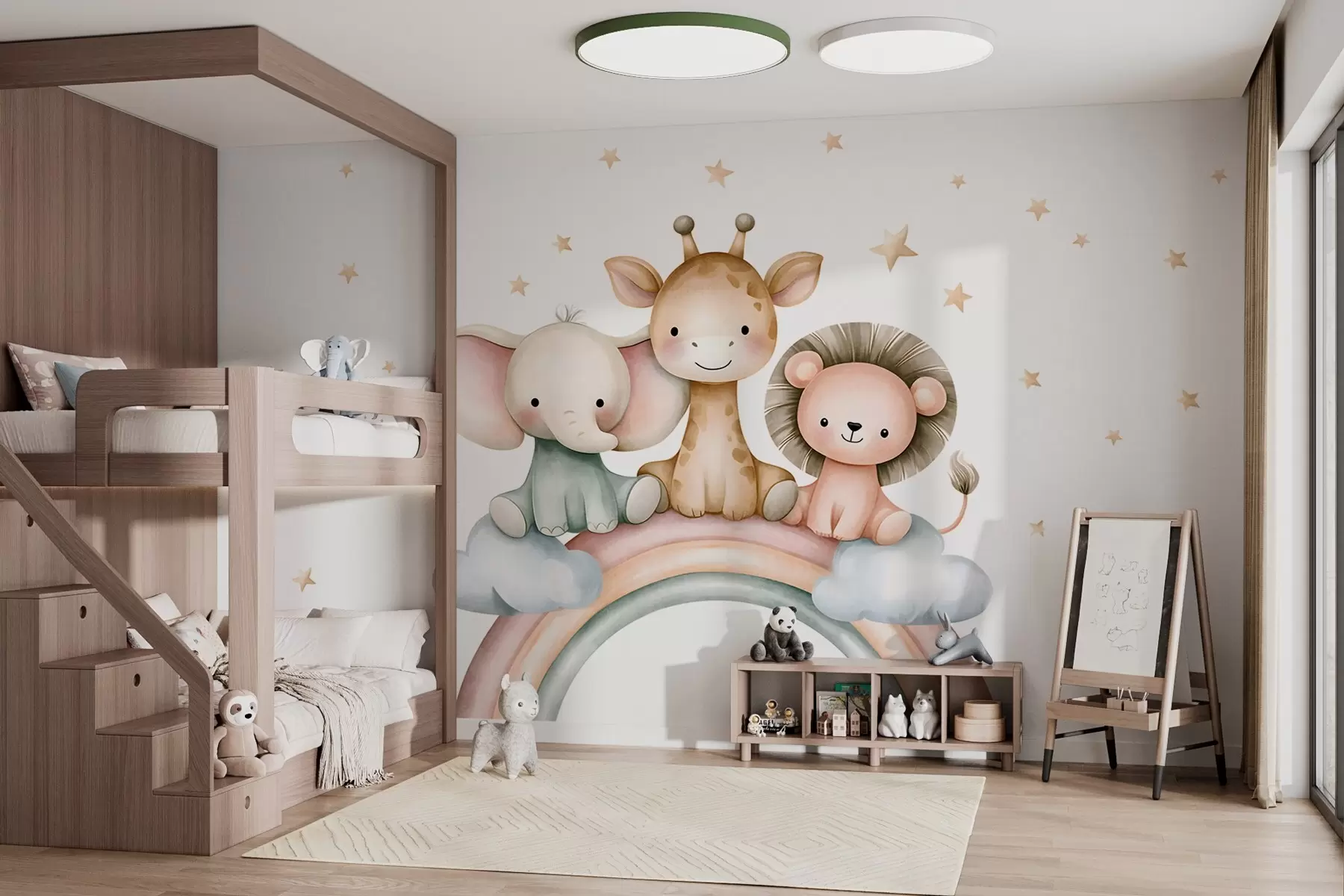 Fotobehang een regenboog met dieren tussen de sterren, in aquarelstijl w05752