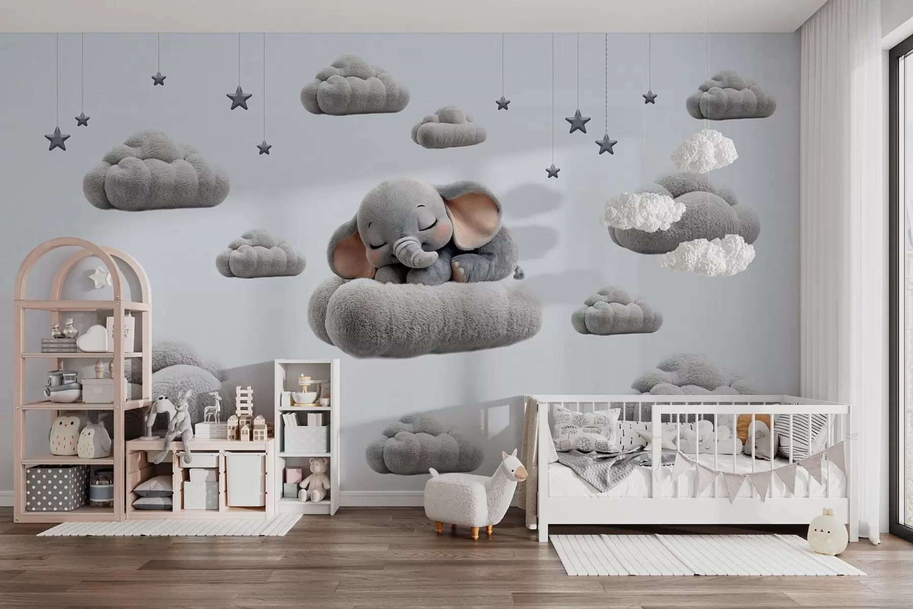 Fotobehang een schattig klein olifantje in 3D-stijl, slapend tussen donzige wolken w05754