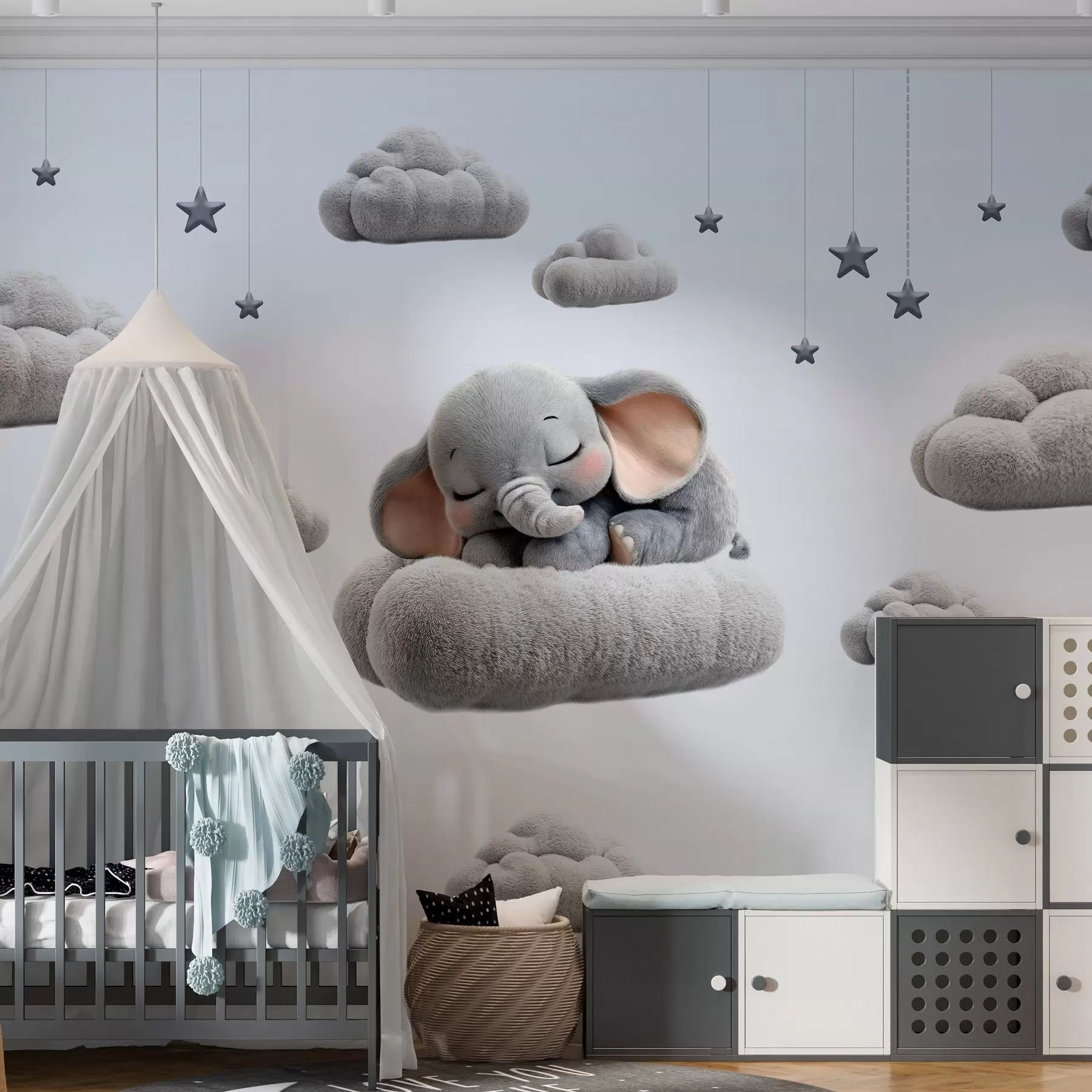 Fotobehang een schattig klein olifantje in 3D-stijl, slapend tussen donzige wolken w05754