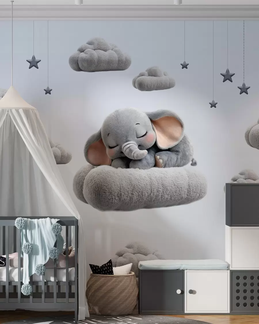 Fotobehang een schattig klein olifantje in 3D-stijl, slapend tussen donzige wolken w05754