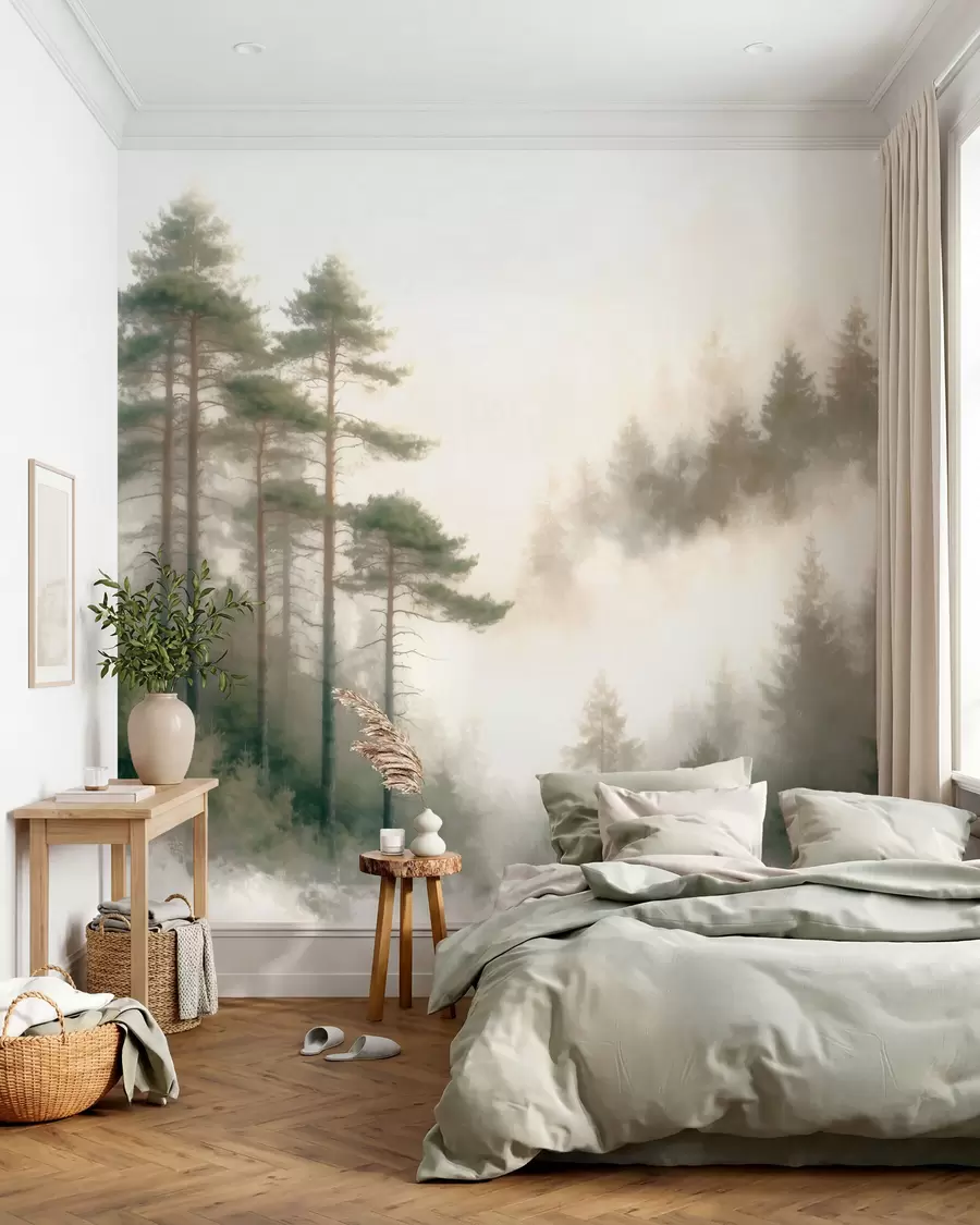 Fotobehang Een dennenbos in de ochtend, geschilderd in aquarelstijl w09916