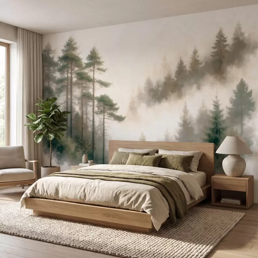 Fotobehang Een dennenbos in de ochtend, geschilderd in aquarelstijl w09916