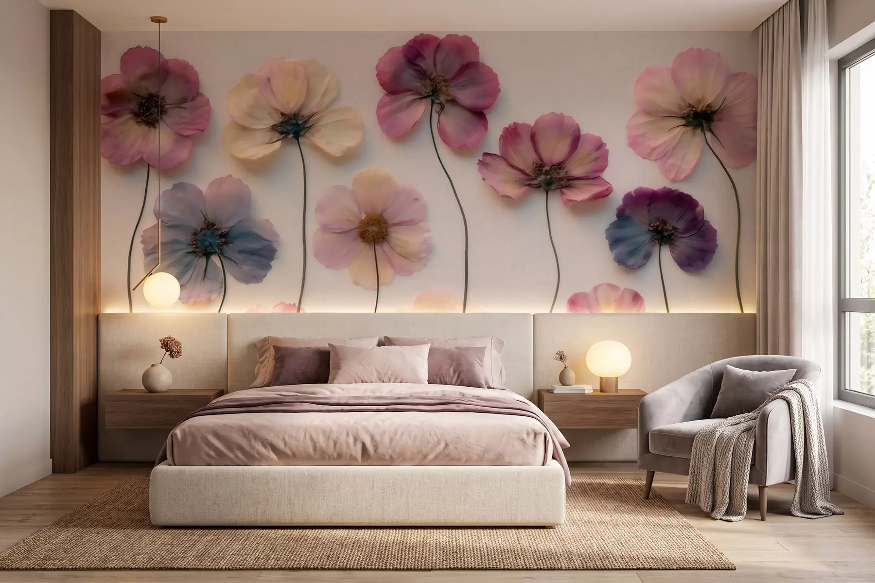 Fotobehang Herbariumcompositie met gedroogde bloemen-effect en 3D-textuur w09911