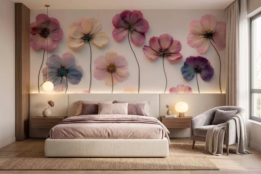 Fotobehang Herbariumcompositie met gedroogde bloemen-effect en 3D-textuur w09911