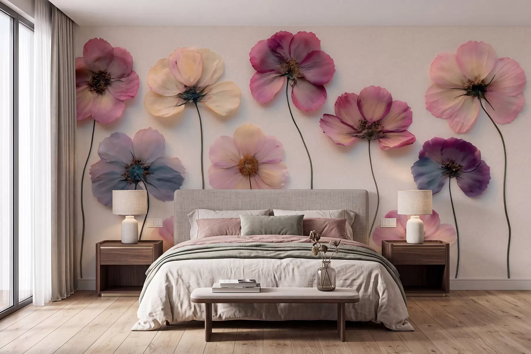Fotobehang Herbariumcompositie met gedroogde bloemen-effect en 3D-textuur w09911