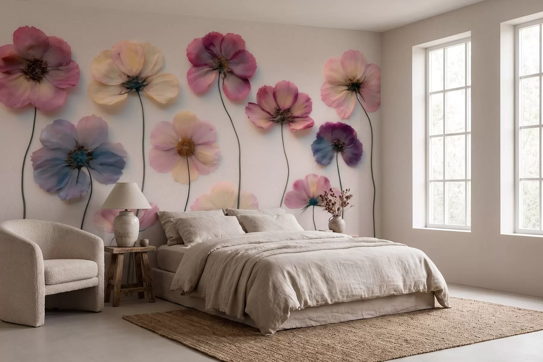 Fotobehang Herbariumcompositie met gedroogde bloemen-effect en 3D-textuur w09911