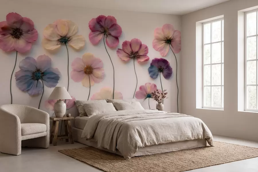 Fotobehang Herbariumcompositie met gedroogde bloemen-effect en 3D-textuur w09911