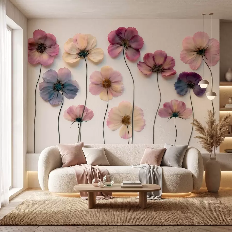 Fotobehang Herbariumcompositie met gedroogde bloemen-effect en 3D-textuur w09911