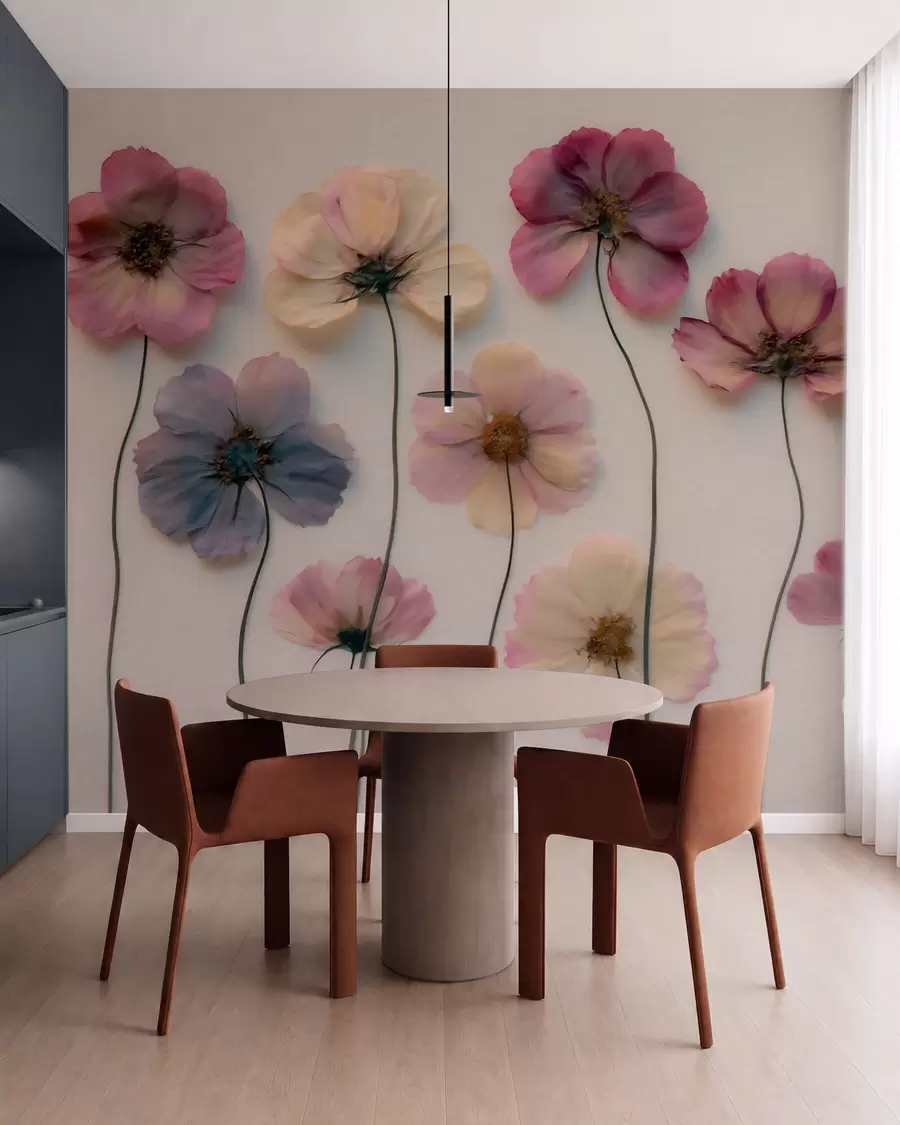 Fotobehang Herbariumcompositie met gedroogde bloemen-effect en 3D-textuur w09911