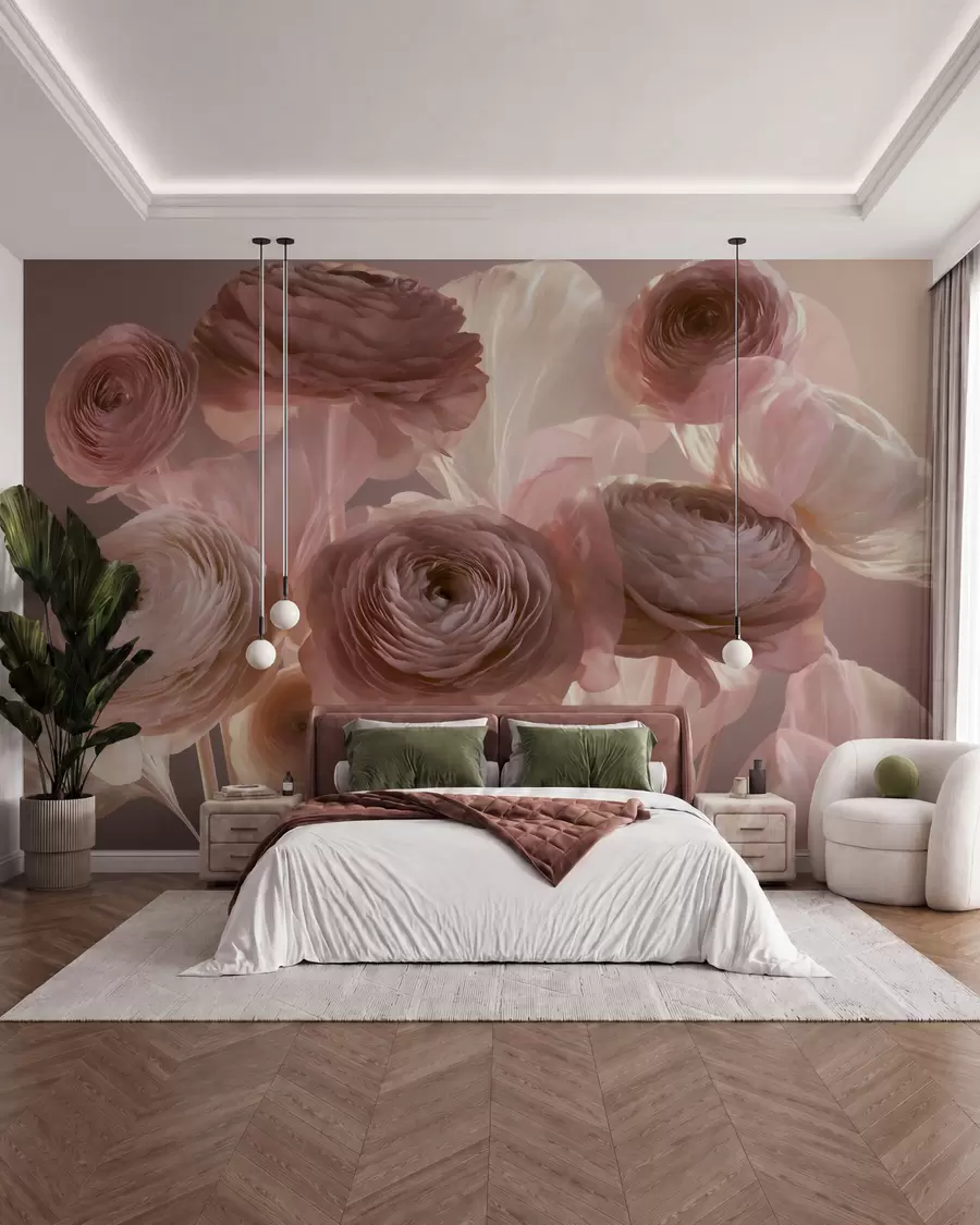 Fotobehang Grote, kunstzinnige ranonkels in zachte roze en crèmekleurige tinten w09921