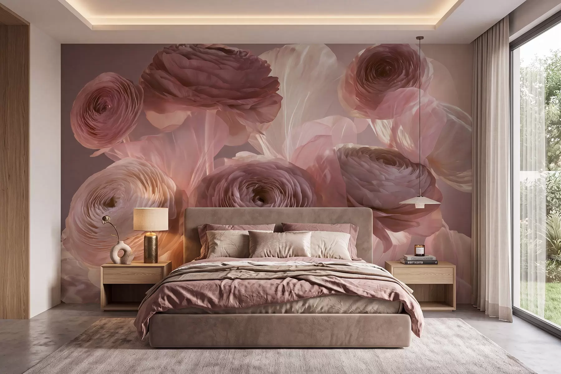 Fotobehang Grote, kunstzinnige ranonkels in zachte roze en crèmekleurige tinten w09921
