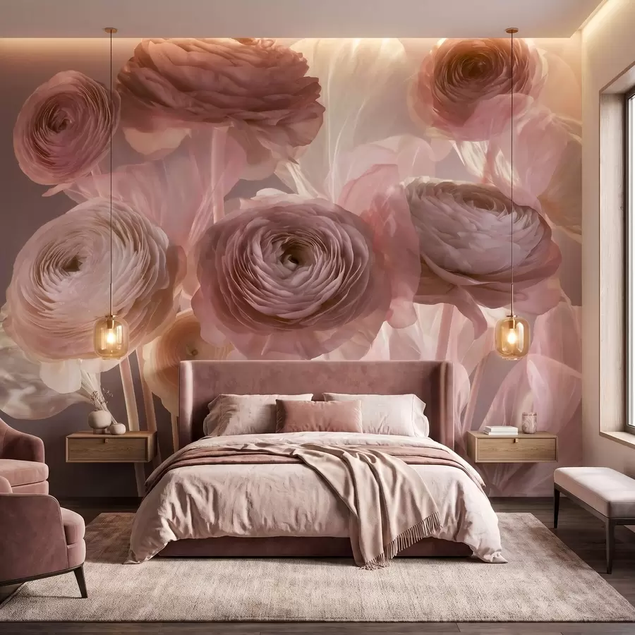 Fotobehang Grote, kunstzinnige ranonkels in zachte roze en crèmekleurige tinten w09921