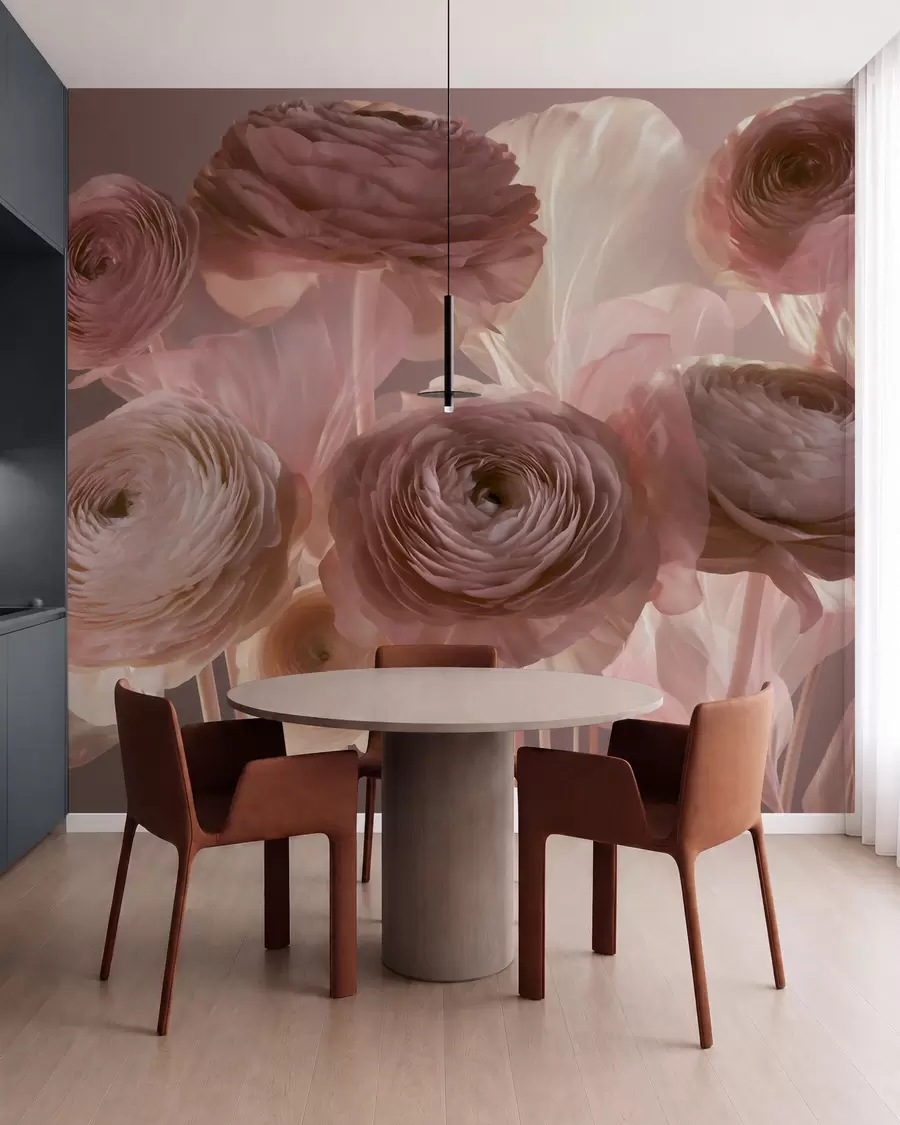 Fotobehang Grote, kunstzinnige ranonkels in zachte roze en crèmekleurige tinten w09921