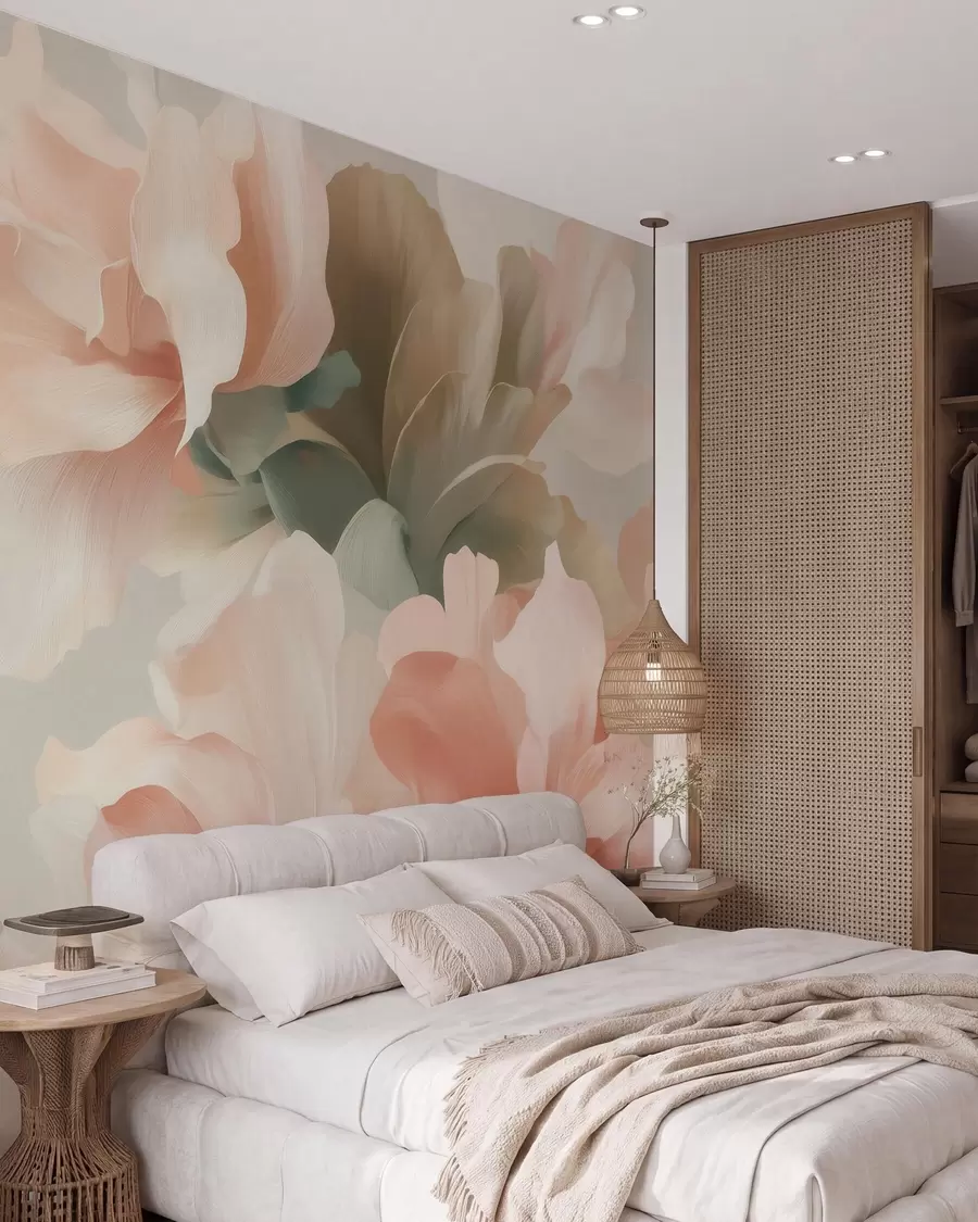 Fotobehang Grote, kunstzinnige bloemen in zachte pasteltinten van crème, roze en groen w09935
