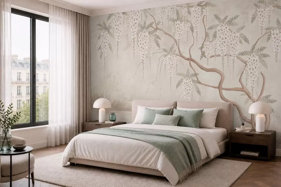 Fotobehang Witte bloesems die boven het rustige water neerdalen w05694