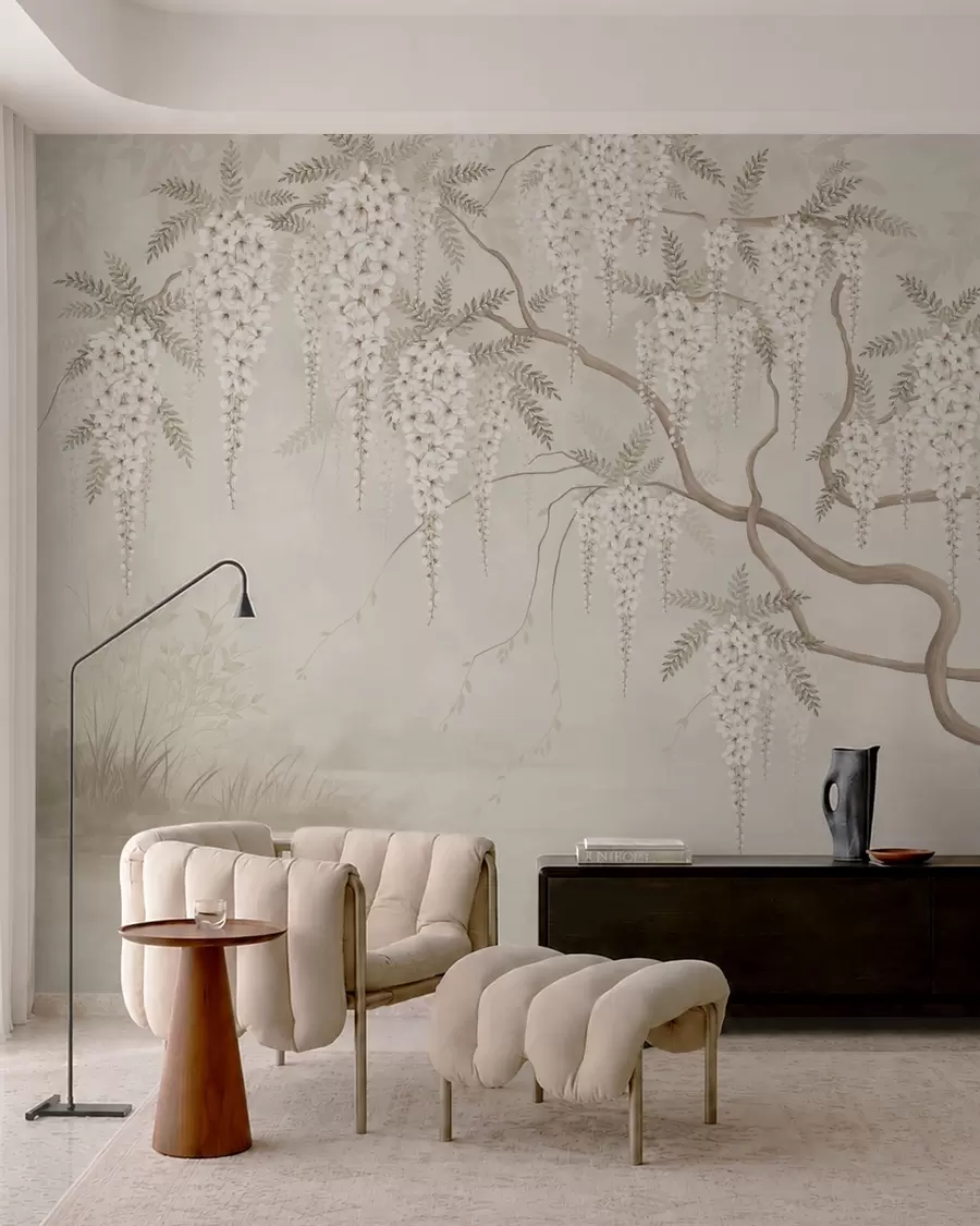 Fotobehang Witte bloesems die boven het rustige water neerdalen w05694