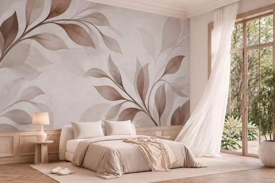 Fotobehang Grote bladeren in warme beige- en bruintinten w05693v1
