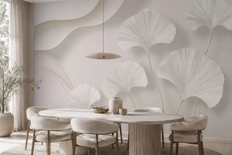 Fotobehang Lichtgekleurde ginkgobladeren tegen een zachte marmeren achtergrond w05734v1