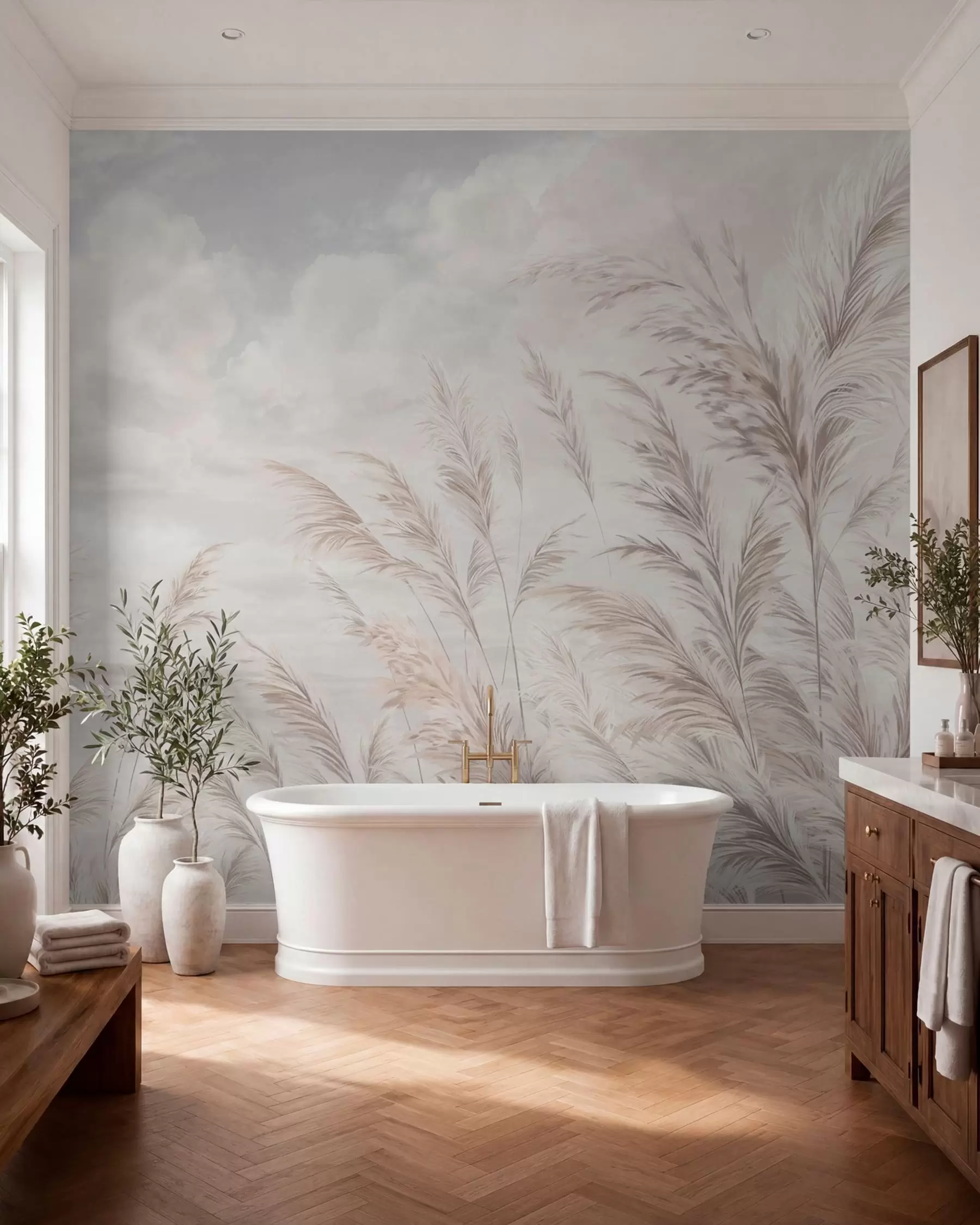 Fotobehang Fijne grassen aan het water onder lichte wolken w05735v1